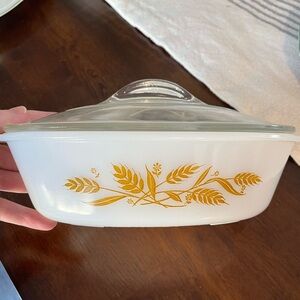 Vintage Glasbake golden wheat casserole dish with lid